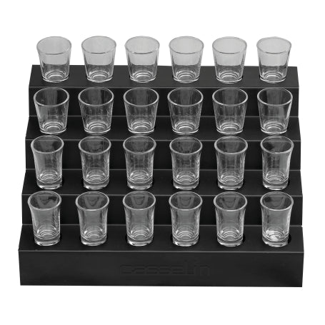 Display i sort stål med 24 shotglas