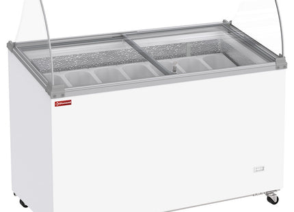 ISDISK fryser, 381 liter, skydelåg på hjul med buet glas, plads til 7 bakker
