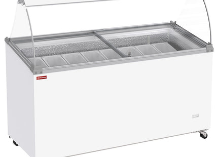 ISDISK fryser, 467 liter, skydelåg på hjul med buet glas, plads til 8 bakker