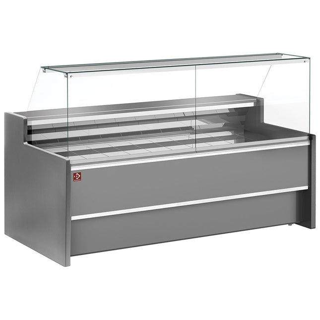 Ventileret Kølebord display med lige glaspanel 90° med opbevaringsrum - GRÅ
