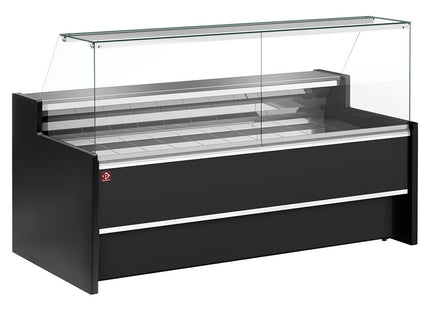 Ventileret Kølebord display med lige glaspanel 90° med opbevaringsrum - SORT