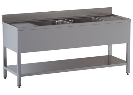 Bord i rustfrit stål med 2 vaske og 2 afløbsflader samt underhylde - Mål: 2200 x 700 x 850/880(+100) mm