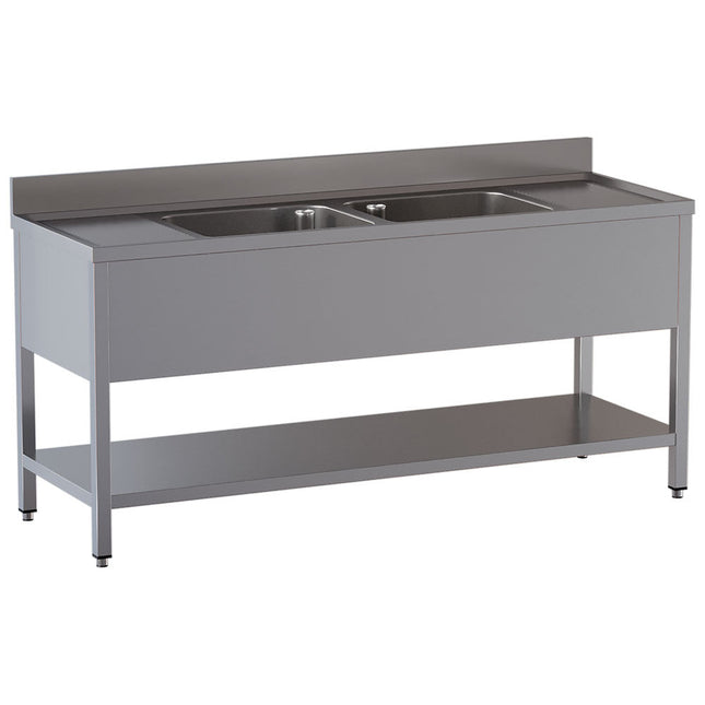 Bord i rustfrit stål med 2 vaske og 2 afløbsflader samt underhylde - Mål: 2200 x 700 x 850/880(+100) mm
