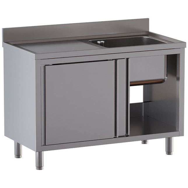 Bord med vask (600x500x300) - arbejdsbord venstre - 2 skydedøre - Mål: 1400 x 700 x 850/880(+100) mm