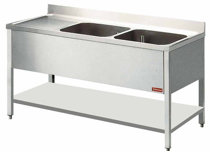 Bord i rustfrit stål - 2 vaske - 1 arbejdsflade - Mål: 1400 x 700 x 880/900(+100) mm