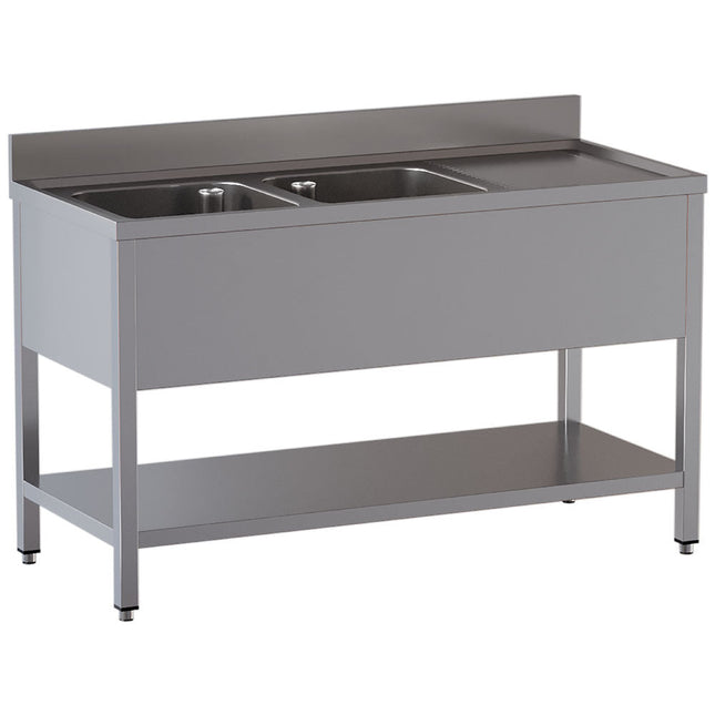 Bord med 2 vaske - arbejdsbord til højre - underhylde - Mål: 1400 x 700 x 850/880(+100) mm