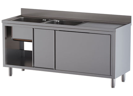 Bord med 2 vaske - skab med 2 skydedøre - arbejdsbord til højre - Mål: 1600 x 700 x 850/880(+100) mm