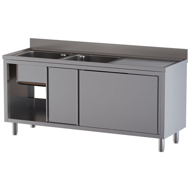 Bord med 2 vaske - skab med 2 skydedøre - arbejdsbord til højre - Mål: 1600 x 700 x 850/880(+100) mm