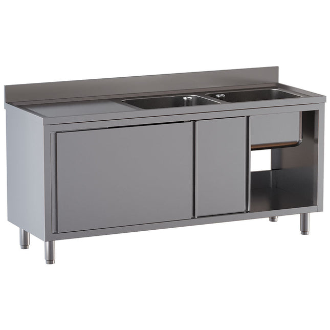 Bord med 2 vaske - skab med 2 skydedøre - arbejdsbord til venstre - Mål: 1600 x 700 x 850/880(+100) mm
