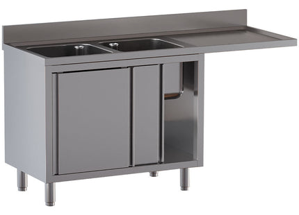 Bord med 2 vaske - skab med 2 skydedøre - arbejdsbord til højre - plads til opvaskemaskine - Mål: 1600 x 700 x 850/880(+100) mm