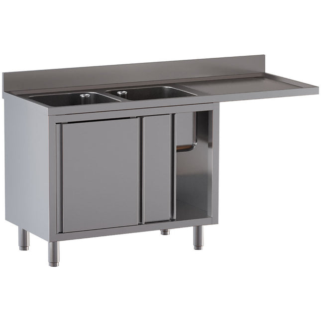 Bord med 2 vaske - skab med 2 skydedøre - arbejdsbord til højre - plads til opvaskemaskine - Mål: 1600 x 700 x 850/880(+100) mm
