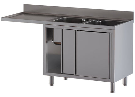 Bord med 2 vaske - skab med 2 skydedøre - arbejdsbord til venstre - plads til opvaskemaskine - Mål: 1600 x 700 x 850/880(+100) mm