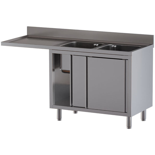 Bord med 2 vaske - skab med 2 skydedøre - arbejdsbord til venstre - plads til opvaskemaskine - Mål: 1600 x 700 x 850/880(+100) mm