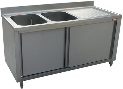 Bord med 2 vaske - skab med 2 skydedøre - arbejdsbord til højre - Mål: 1600 x 700 x 880/900(+85) mm