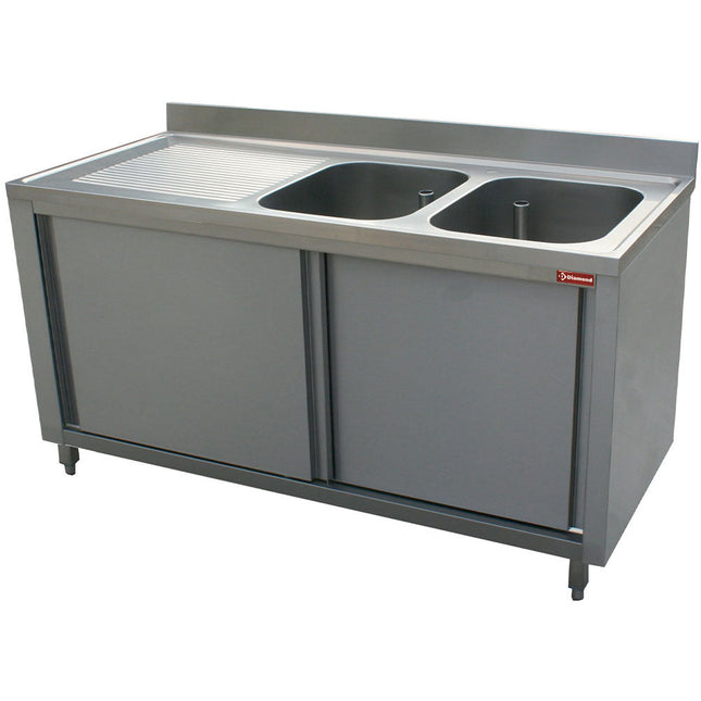 Bord med 2 vaske - skab med 2 skydedøre - arbejdsbord til venstre - Mål: 1600 x 700 x 880/900(+100) mm