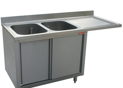 Bord med 2 vaske - skab med 2 skydedøre - arbejdsbord til højre - plads til opvaskemaskine - Mål: 1600 x 700 x 880/900(+85) mm
