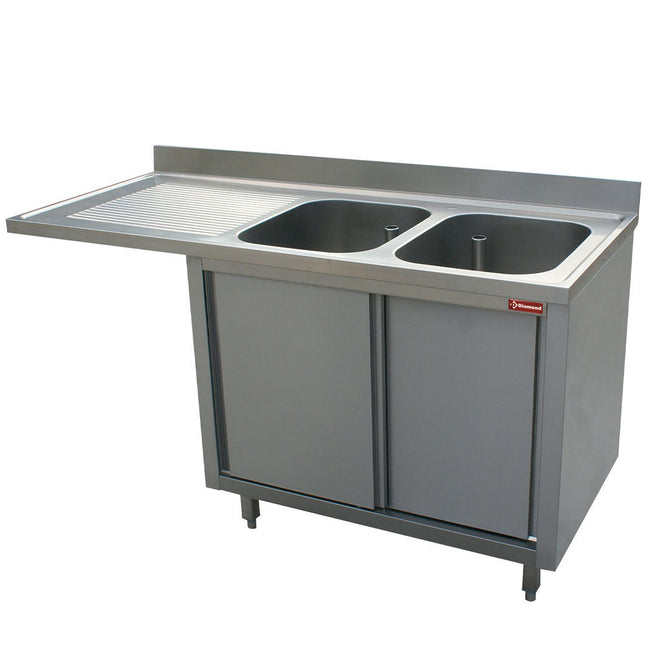 Bord med 2 vaske - skab med 2 skydedøre - arbejdsbord til venstre - plads til opvaskemaskine - Mål: 1600 x 700 x 880/900(+100) mm