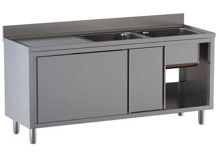 Bord med 2 vaske - skab med 2 skydedøre - arbejdsbord til venstre - Mål: 1800 x 700 x 850/880(+100) mm