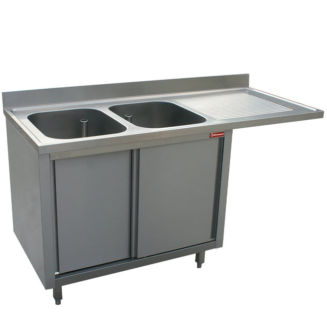 Bord med 2 vaske - skab med 2 skydedøre - arbejdsbord til højre - plads til opvaskemaskine - Mål: 1800 x 700 x 880/900(+100) mm