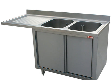 Bord med 2 vaske - skab med 2 skydedøre - arbejdsbord til venstre - plads til opvaskemaskine - Mål: 1800 x 700 x 880/900(+100) mm
