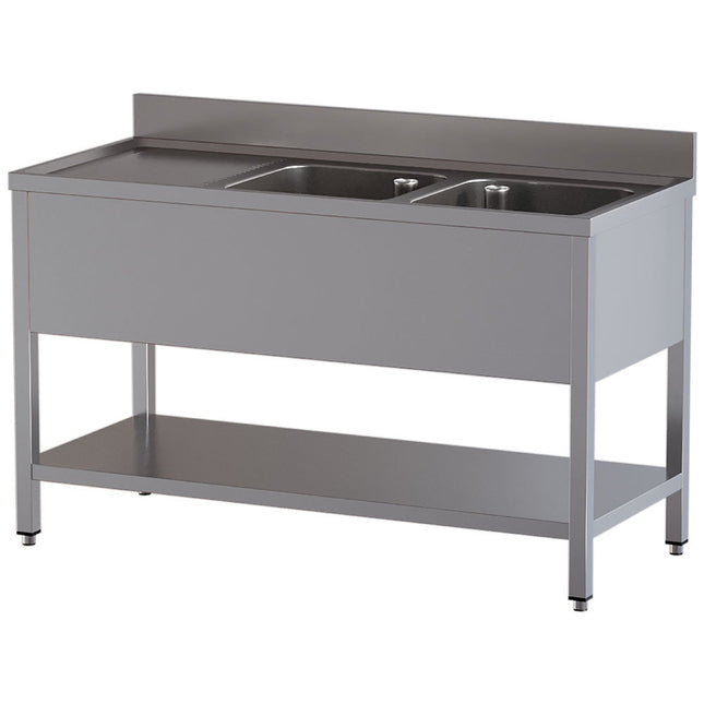 Bord med 2 vaske - arbejdsbord til venstre - underhylde - Mål: 1800 x 700 x 850/880(+100) mm