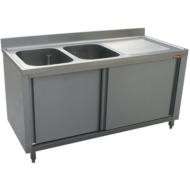Bord med 2 vaske - skab med 2 skydedøre - arbejdsbord til højre - Mål: 2000 x 700 x 880/900(+100) mm