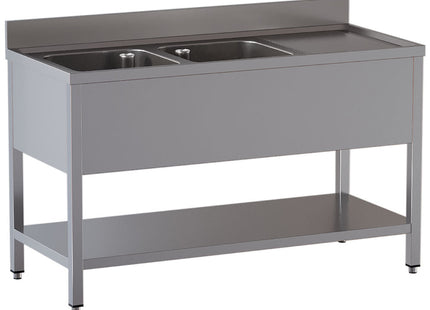 Bord med 2 vaske - arbejdsbord til højre - underhylde - Mål: 2000 x 700 x 850/880(+100) mm