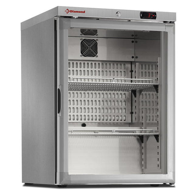 Ventileret køleskab, glaslåge, 150 liter. rustfrit stål