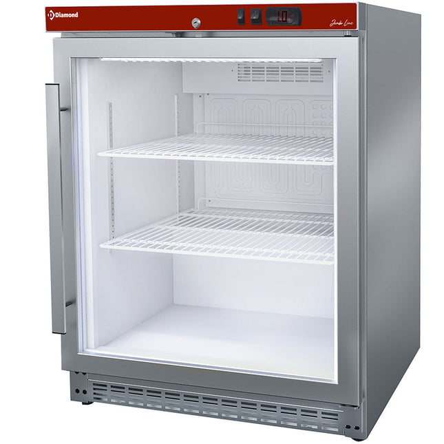 Ventileret køleskab, glaslåge, 150 liter. rustfrit stål
