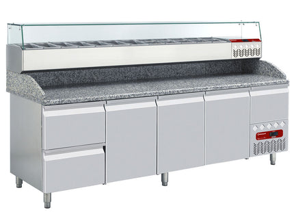 Kølestruktur GN 12x1/4, 1x1/9, med højre glas + Køleborde 3 låger 600x400, 2 neutrale skuffer (8x bakker 600x400) + køkkenredskabsskuffe