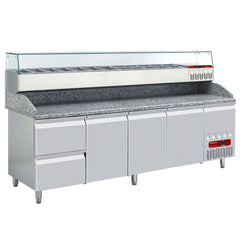 Kølestruktur GN 11x1/3, 1x1/9, med højre glas + Køleborde 3 låger 600x400, 2 neutrale skuffer (8x bakker 600x400) + køkkenredskabsskuffe