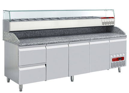 Kølestruktur GN 11x1/3, 1x1/9, med højre glas + Køleborde 3 låger 600x400, 2 neutrale skuffer (8x bakker 600x400) + køkkenredskabsskuffe