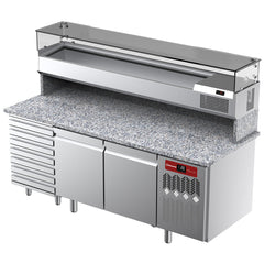 Kølebord til pizza med 2 låger og 7 skuffer og kølemontre 2000x380x410 med granitbordplade.