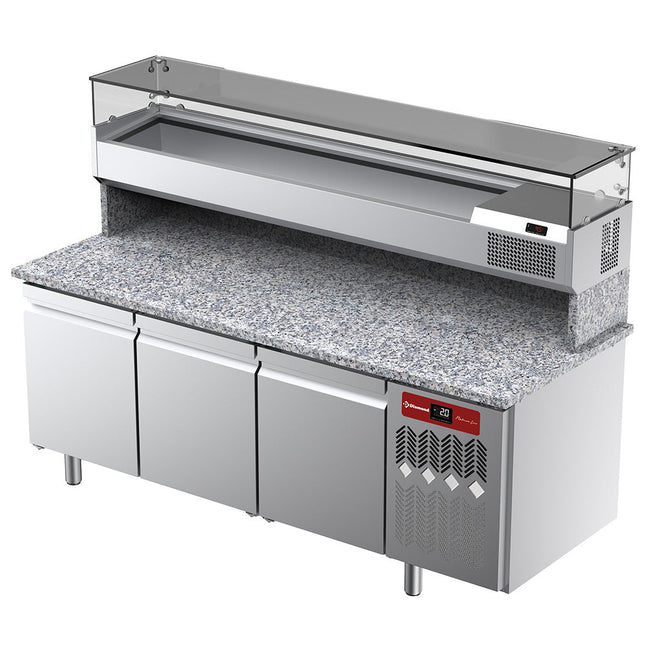 Kølebord til pizza med 3 låger og kølemontre 2000x380x410 med granitbordplade.