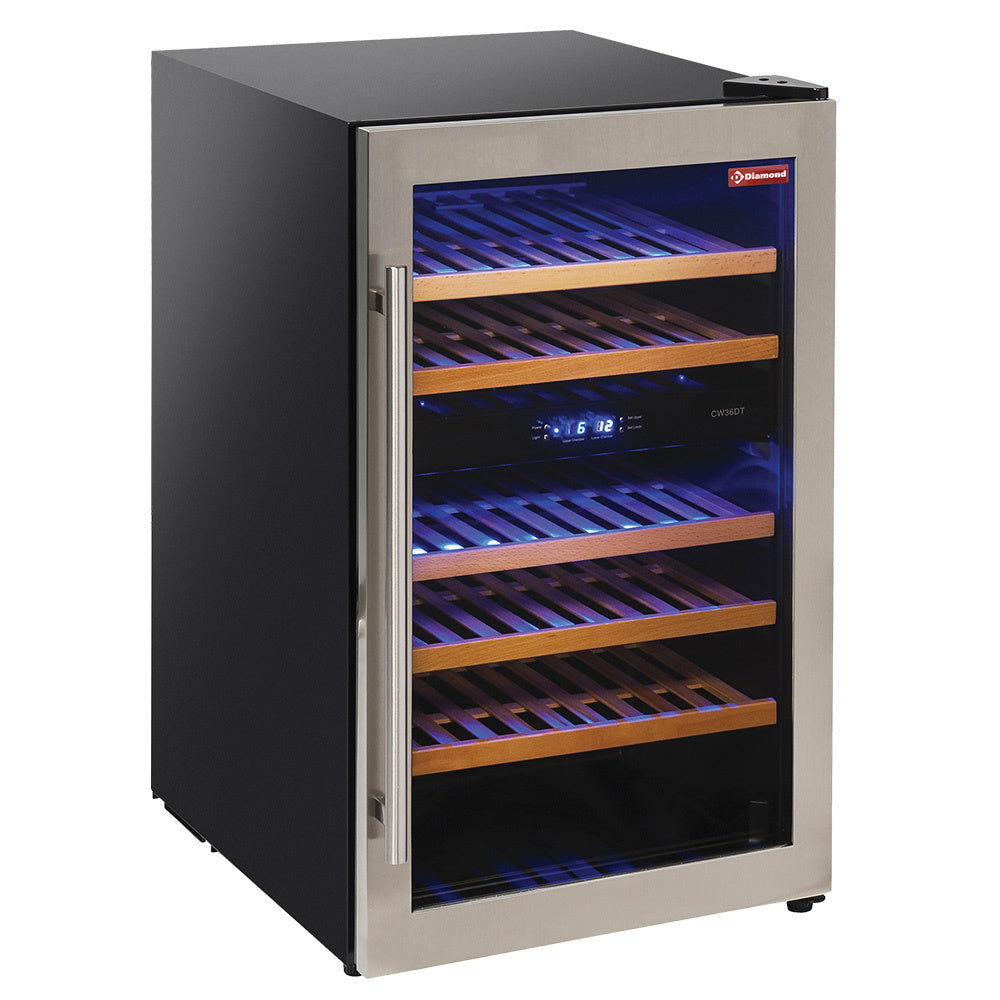 Vinkøleskab, ventileret, dør i rustfrit stål, 140 liter, 2 T°, - SORT