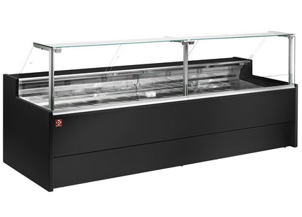 Ventileret Kølebord display med lige glaspanel 90° med opbevaringsrum - SORT