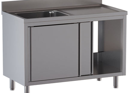 Bord med vask (600x500x300) - arbejdsbord højre - 2 skydedøre - Mål: 1400 x 700 x 850/880(+100) mm