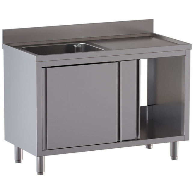 Bord med vask (600x500x300) - arbejdsbord højre - 2 skydedøre - Mål: 1400 x 700 x 850/880(+100) mm