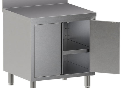 Bord i rustfri stål - hængslede låger - med bagplade - Mål: 800 x 700 x 850/880(+100) mm
