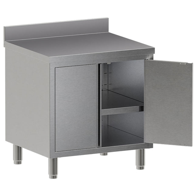 Bord i rustfri stål - hængslede låger - med bagplade - Mål: 800 x 700 x 850/880(+100) mm