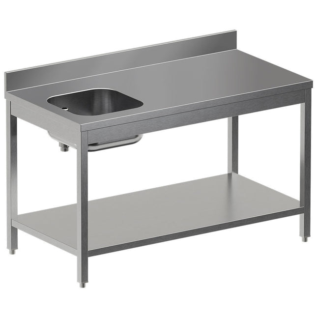 Stålbord med vask til venstre + opstand bag - 1400 x 700 x 850/880(+100) mm