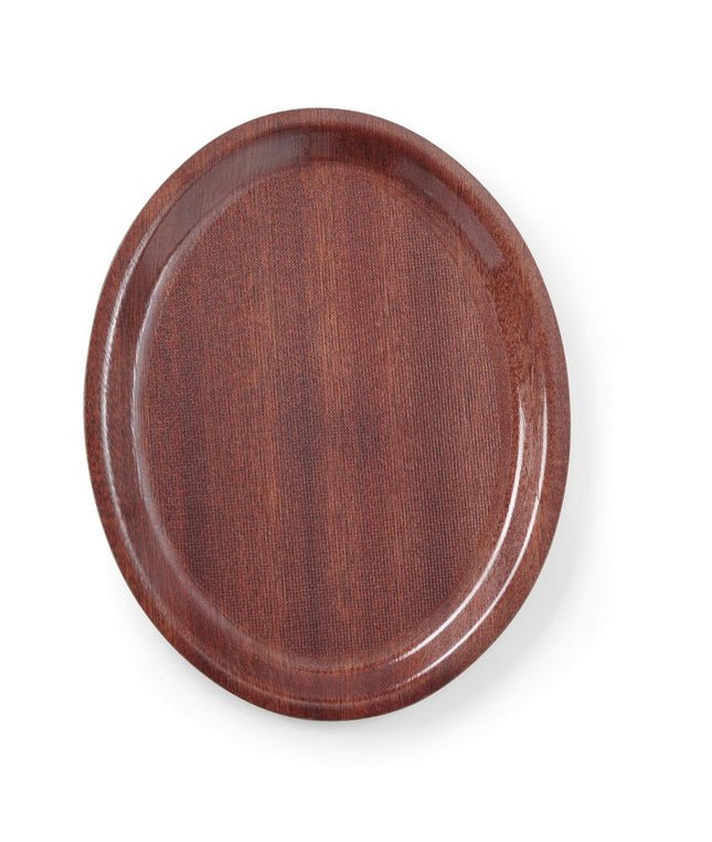 Serveringsbakke, oval, skridsikker, lamineret, AmerBox, Mahogany, 200x265mm