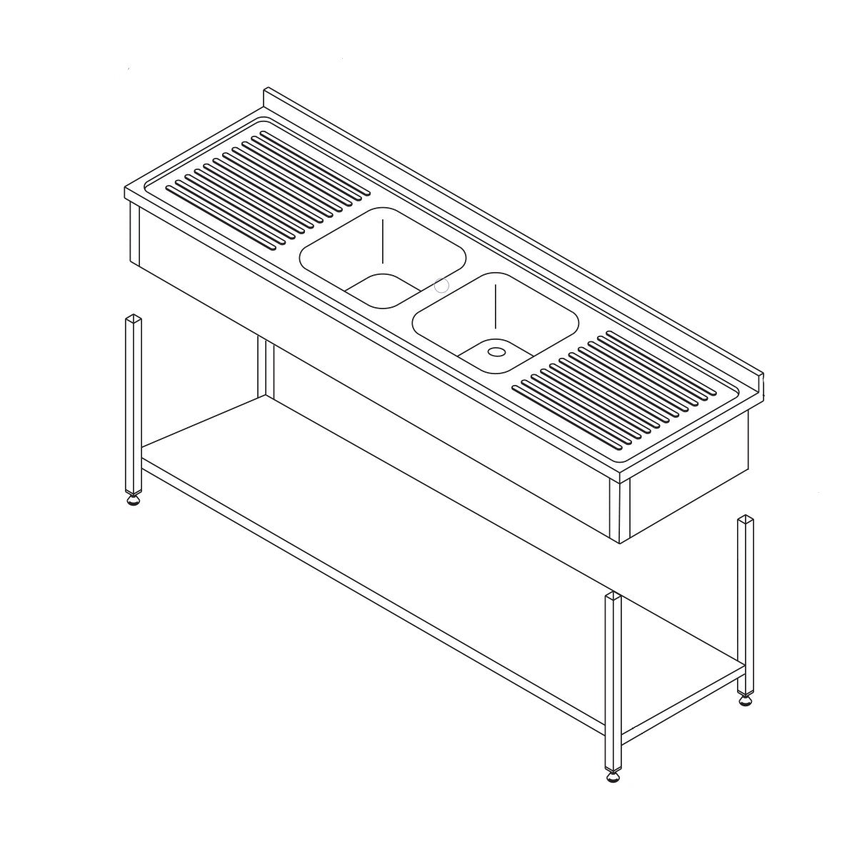 Opvaskebord - 2 håndvaske - med bagplade og hylde - 160 x 60 cm