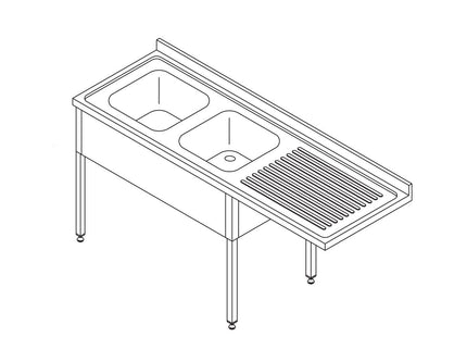 Opvaskemaskine bord - 200 x 70cm - Venstre - med 2 vaske og Backsplash - inkl. Opbevaring Hylde