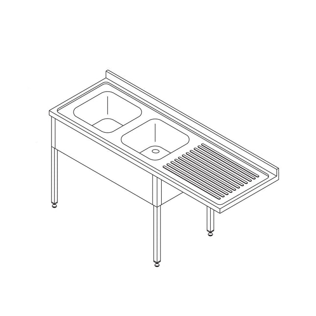 Opvaskemaskine bord - 200 x 70cm - Venstre - med 2 vaske og Backsplash - inkl. Opbevaring Hylde