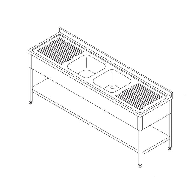 Opvaskemaskine bord - 190 x 70 cm - med 2 vaske og Backsplash - inkl. Opbevaring Hylde