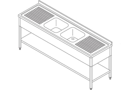 Opvaskemaskine bord - 210 x 70 cm - med 2 vaske og Backsplash - inkl. Opbevaring Hylde