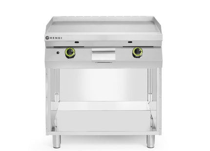 Gasgrillplade, glat, på skab lukket på 3 sider, HENDI, Kitchen Line, 2 varmezoner, hver med 3 brændere, total effekt: 10 kW, 10kW, 800x700x(H)900mm