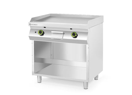 Gasgrillplade, glat, på skab lukket på 3 sider, HENDI, Kitchen Line, 2 varmezoner, hver med 3 brændere, total effekt: 10 kW, 10kW, 800x700x(H)900mm