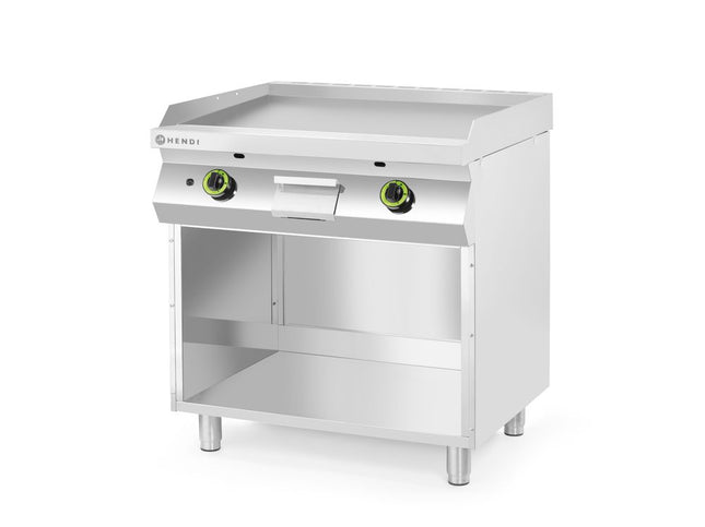 Gasgrillplade, glat, på skab lukket på 3 sider, HENDI, Kitchen Line, 2 varmezoner, hver med 3 brændere, total effekt: 10 kW, 10kW, 800x700x(H)900mm